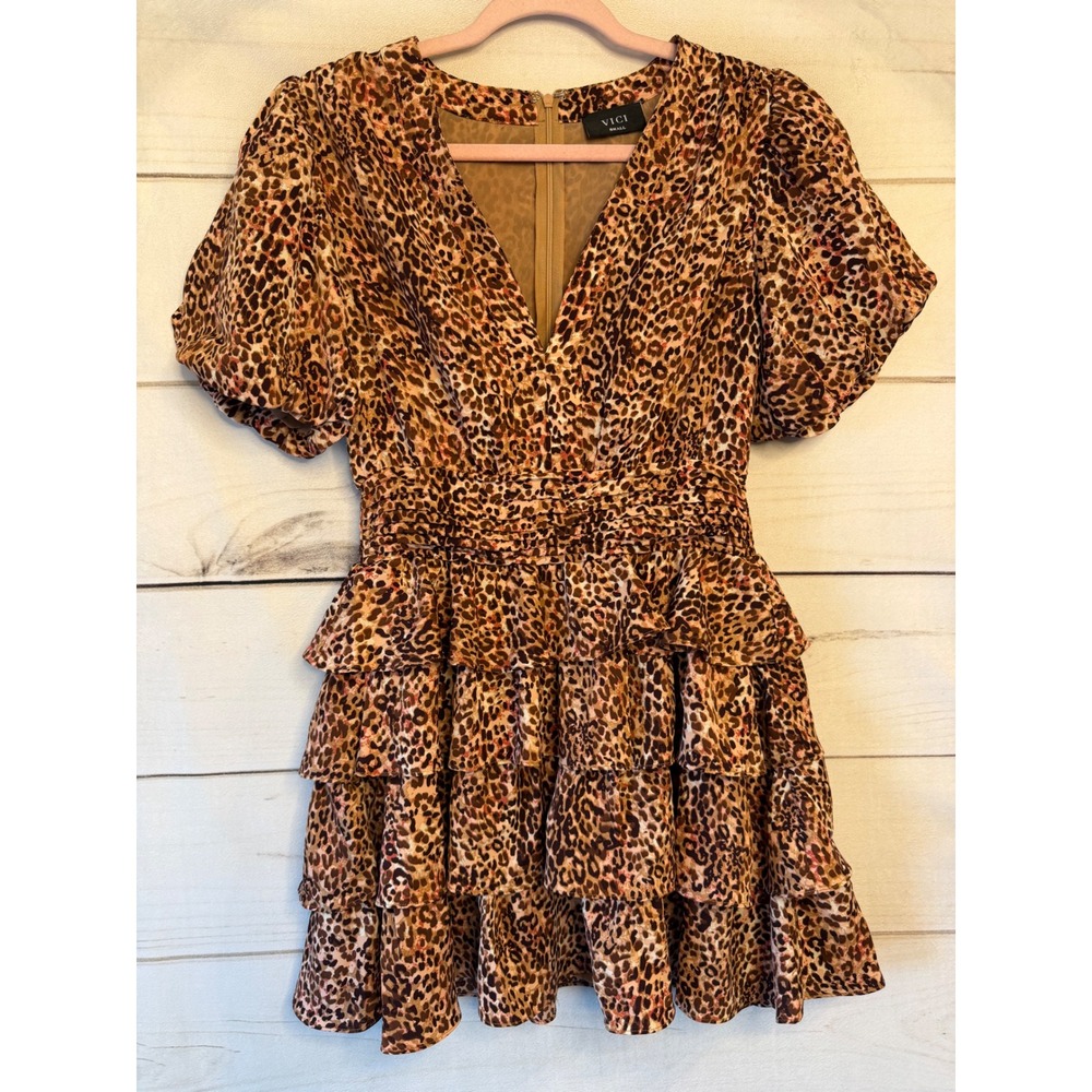 VICI Leopard Print Tiered Ruffle Mini Dress V-Neck Puff Sleeve Brown Small